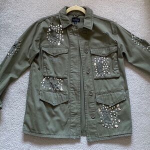Topshop Green Distressed Military/Utility Crystal Embroidered Shacket/Jacket